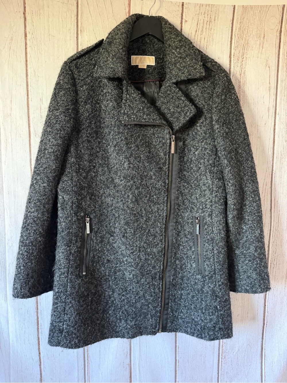 MICHAEL Michael Kors Gray Boucle Wool Asymmetrical Zip Moto Coat Size 12